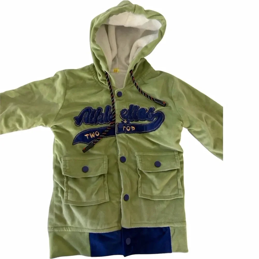 2T 2-Piece Fleece Hooded Hoodie & Pants Set Colorblock Green/Blue